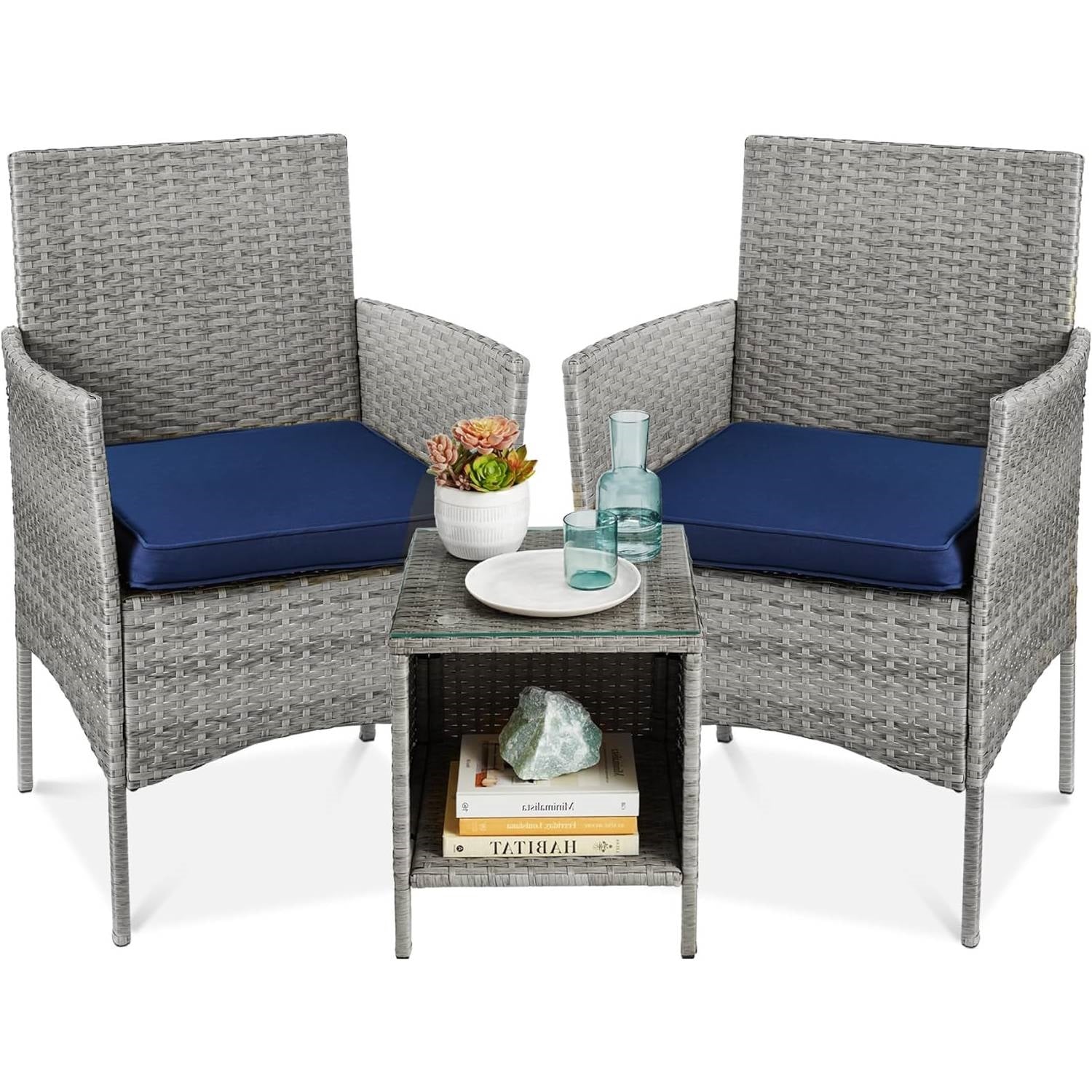 3-Piece Grey PE Wicker Outdoor Patio Furniture Dining Set w/ Navy Blue Cushions LuxuryLifeWay Online Store