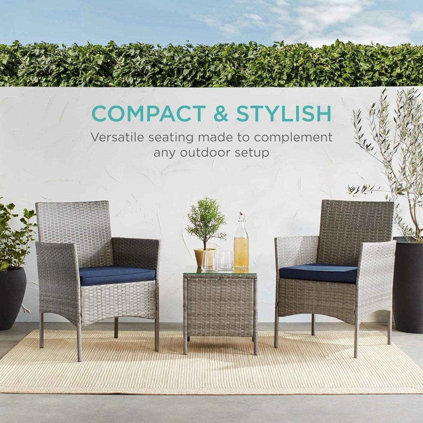 3-Piece Grey PE Wicker Outdoor Patio Furniture Dining Set w/ Navy Blue Cushions LuxuryLifeWay Online Store