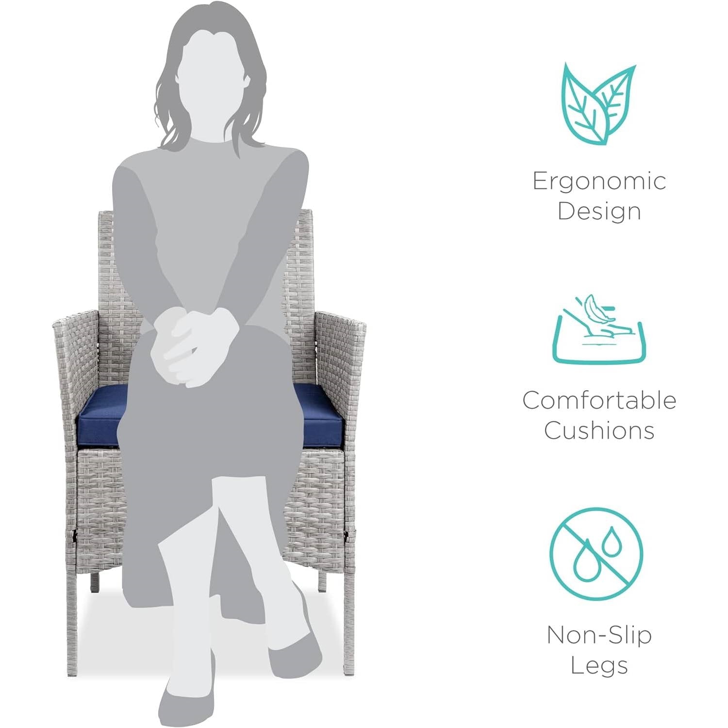 3-Piece Grey PE Wicker Outdoor Patio Furniture Dining Set w/ Navy Blue Cushions LuxuryLifeWay Online Store