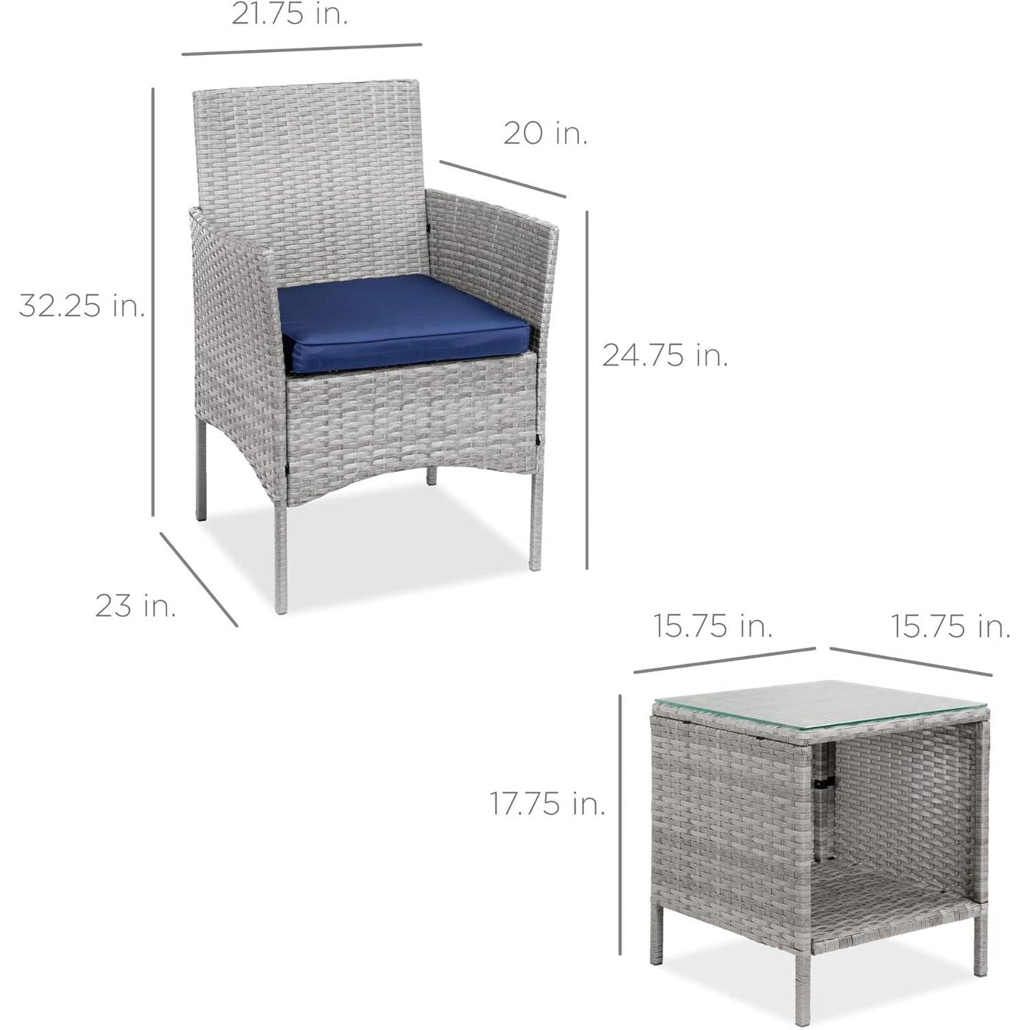 3-Piece Grey PE Wicker Outdoor Patio Furniture Dining Set w/ Navy Blue Cushions LuxuryLifeWay Online Store