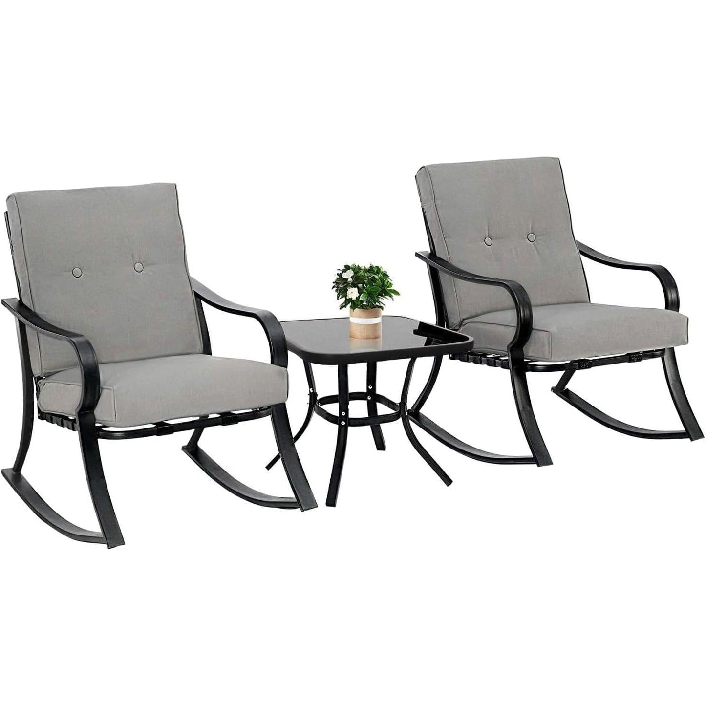 Outdoor 3-Piece Patio Furniture Table Rocking Chairs Set with Grey Cushions LuxuryLifeWay Online Store