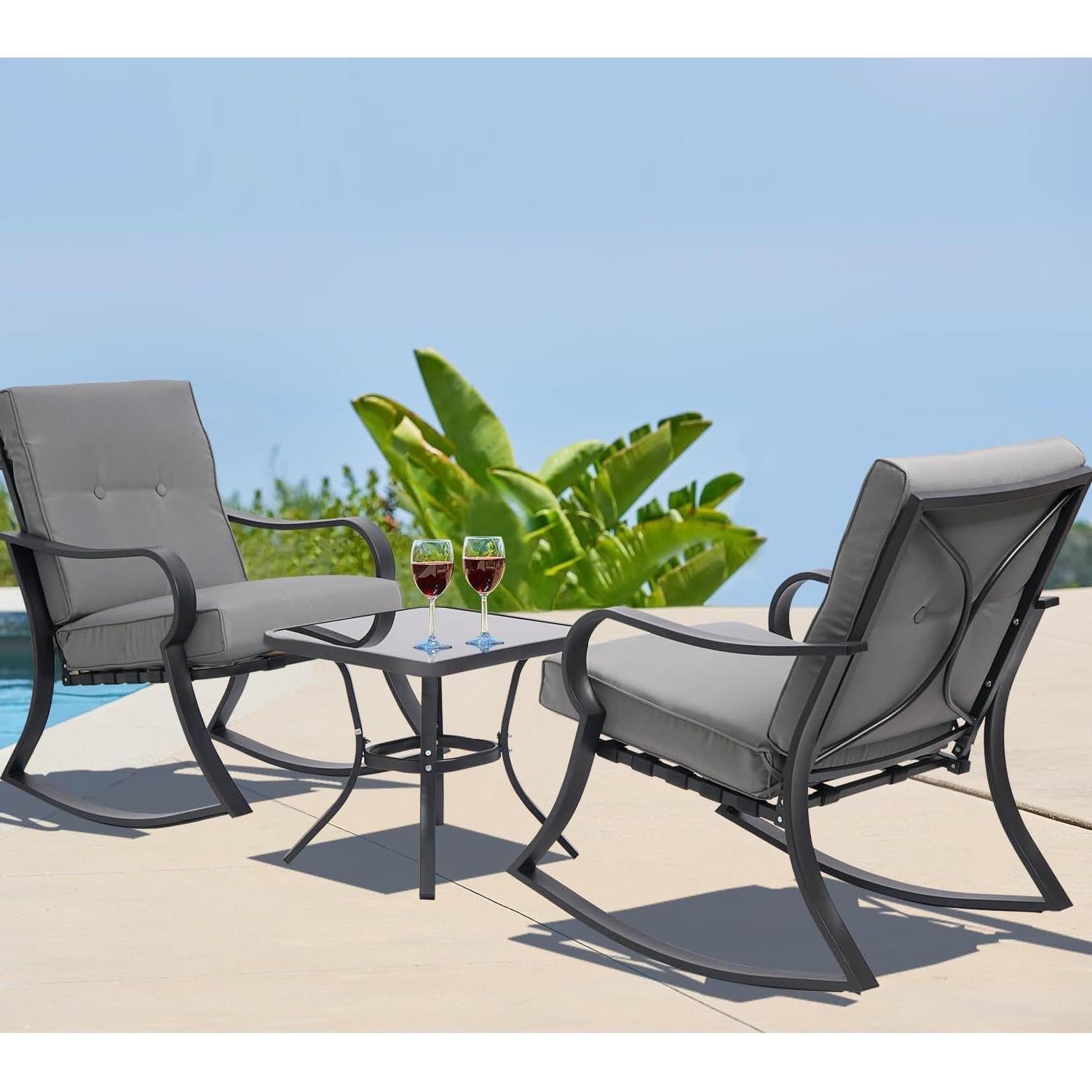 Outdoor 3-Piece Patio Furniture Table Rocking Chairs Set with Grey Cushions LuxuryLifeWay Online Store