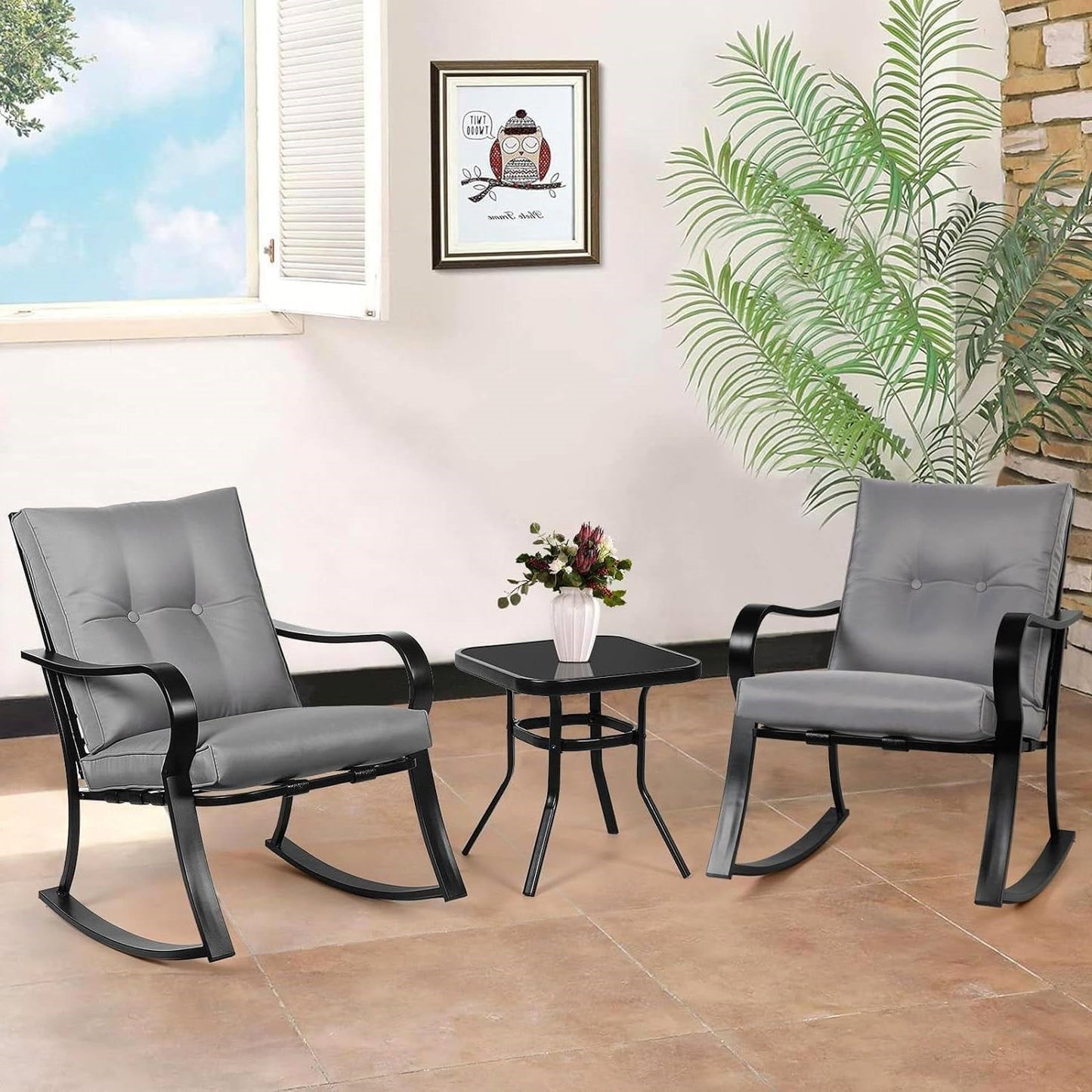 Outdoor 3-Piece Patio Furniture Table Rocking Chairs Set with Grey Cushions LuxuryLifeWay Online Store