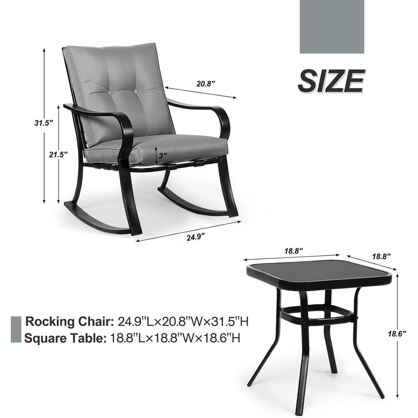 Outdoor 3-Piece Patio Furniture Table Rocking Chairs Set with Grey Cushions LuxuryLifeWay Online Store