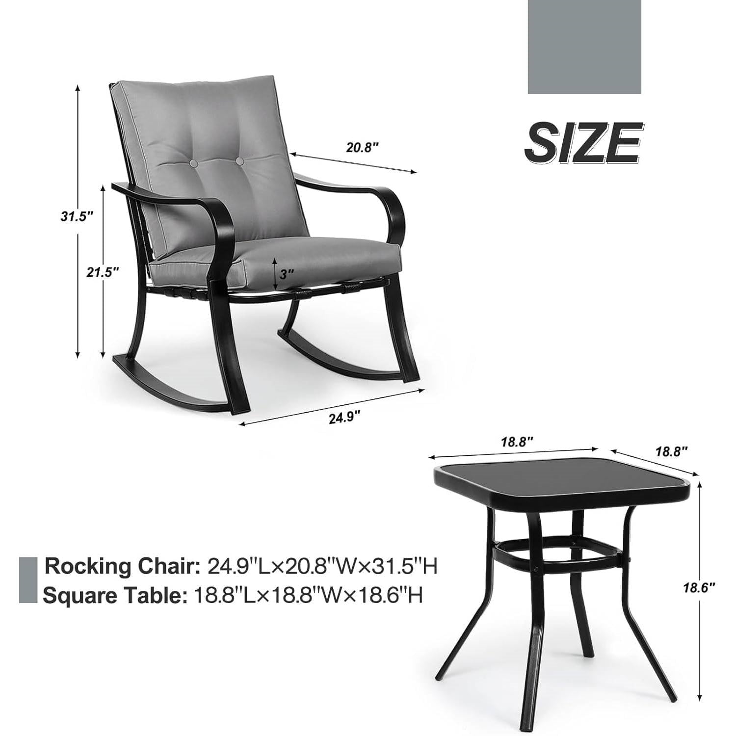 Outdoor 3-Piece Patio Furniture Table Rocking Chairs Set with Grey Cushions LuxuryLifeWay Online Store