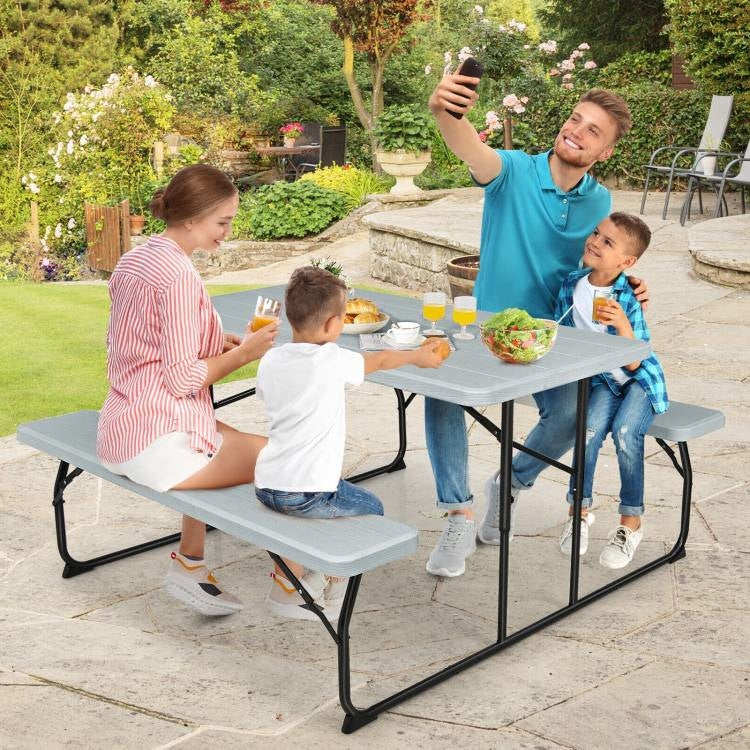 Grey Folding Picnic Table with 2 Benches Outdoor Patio Dining Set LuxuryLifeWay Online Store
