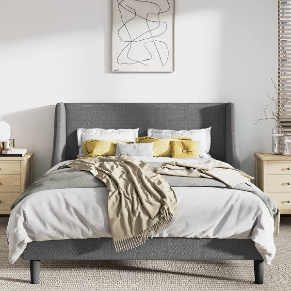 Queen Size Grey Linen Blend Upholstered Platform Bed with Wingback Headboard LuxuryLifeWay Online Store