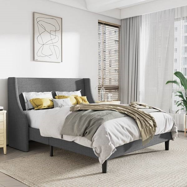 Queen Size Grey Linen Blend Upholstered Platform Bed with Wingback Headboard LuxuryLifeWay Online Store
