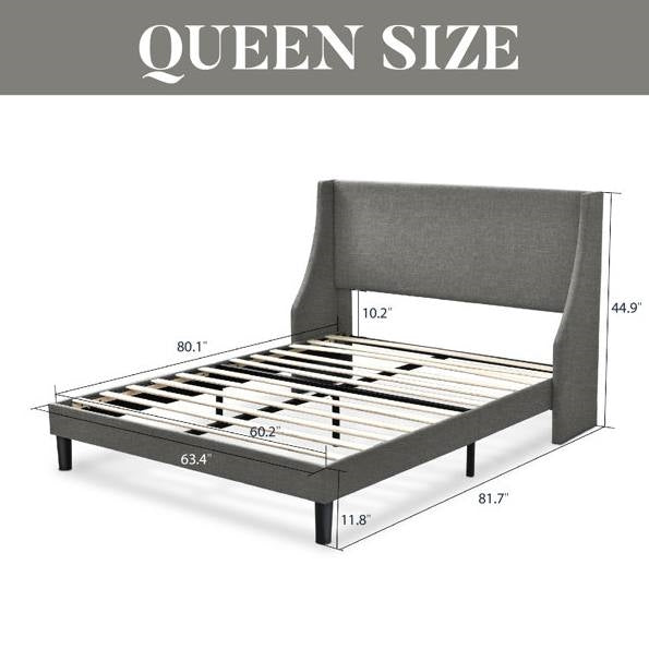 Queen Size Grey Linen Blend Upholstered Platform Bed with Wingback Headboard LuxuryLifeWay Online Store