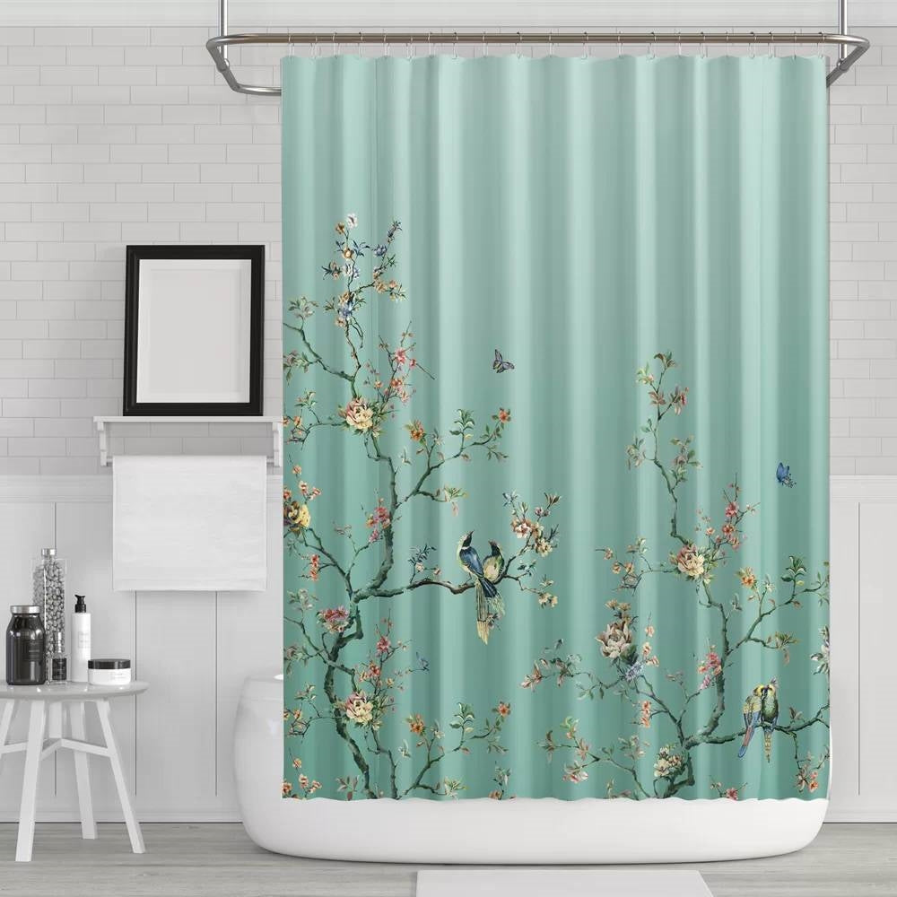 72-in. Teal Blue Green Floral Tree Bird Butterfly Japanese Style Shower Curtain LuxuryLifeWay Online Store