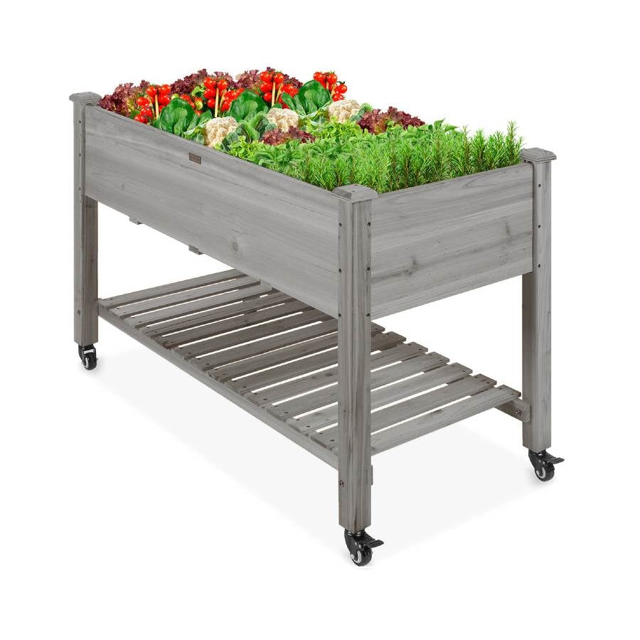 Outdoor Grey Wood Raised Garden Bed Planter Box with Shelf and Locking Wheels LuxuryLifeWay Online Store