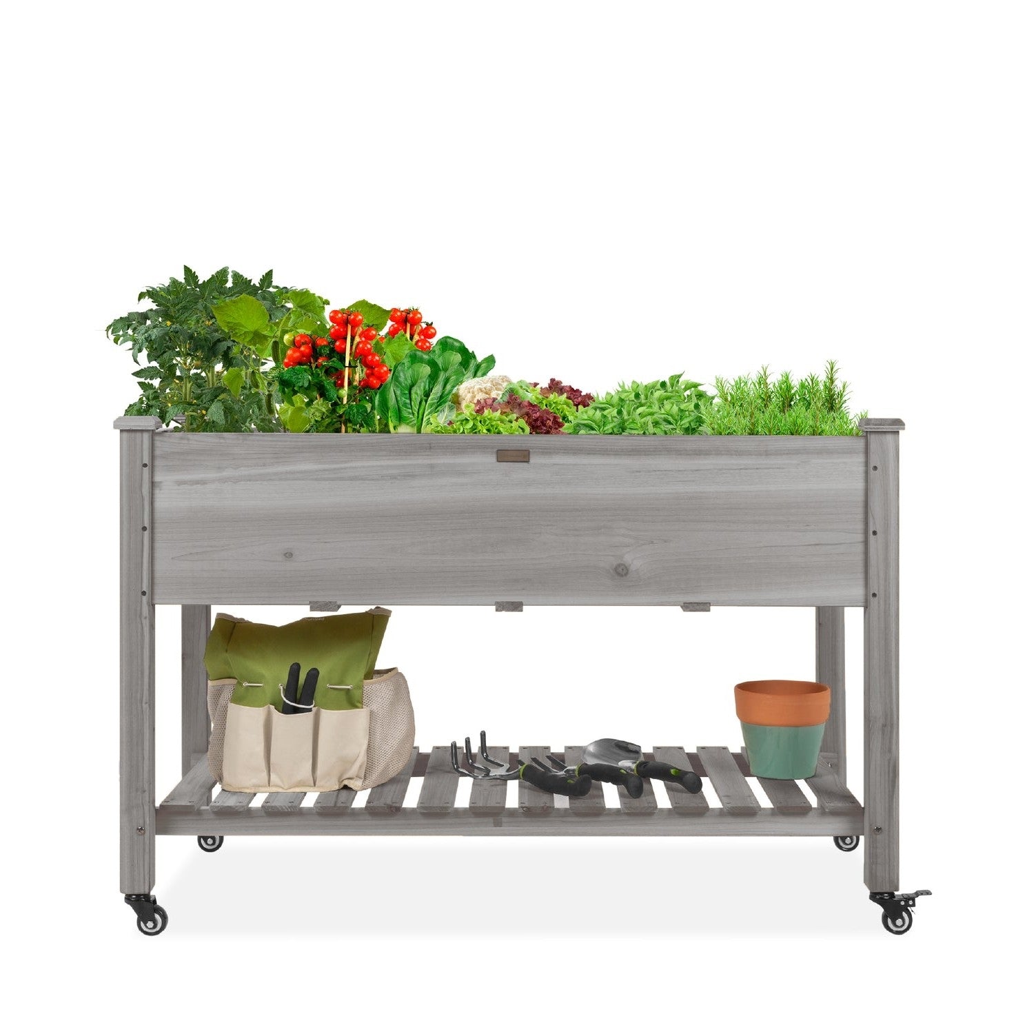 Outdoor Grey Wood Raised Garden Bed Planter Box with Shelf and Locking Wheels LuxuryLifeWay Online Store