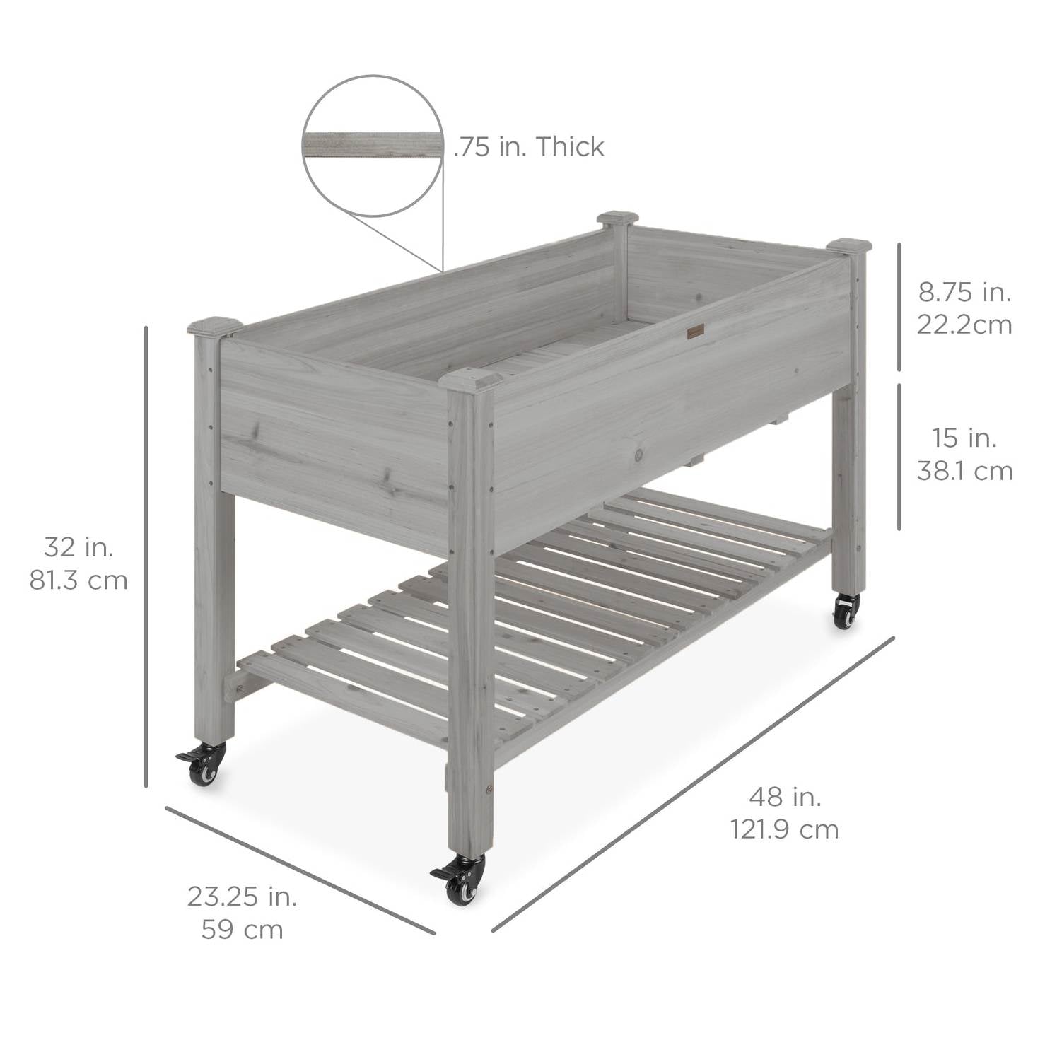 Outdoor Grey Wood Raised Garden Bed Planter Box with Shelf and Locking Wheels LuxuryLifeWay Online Store