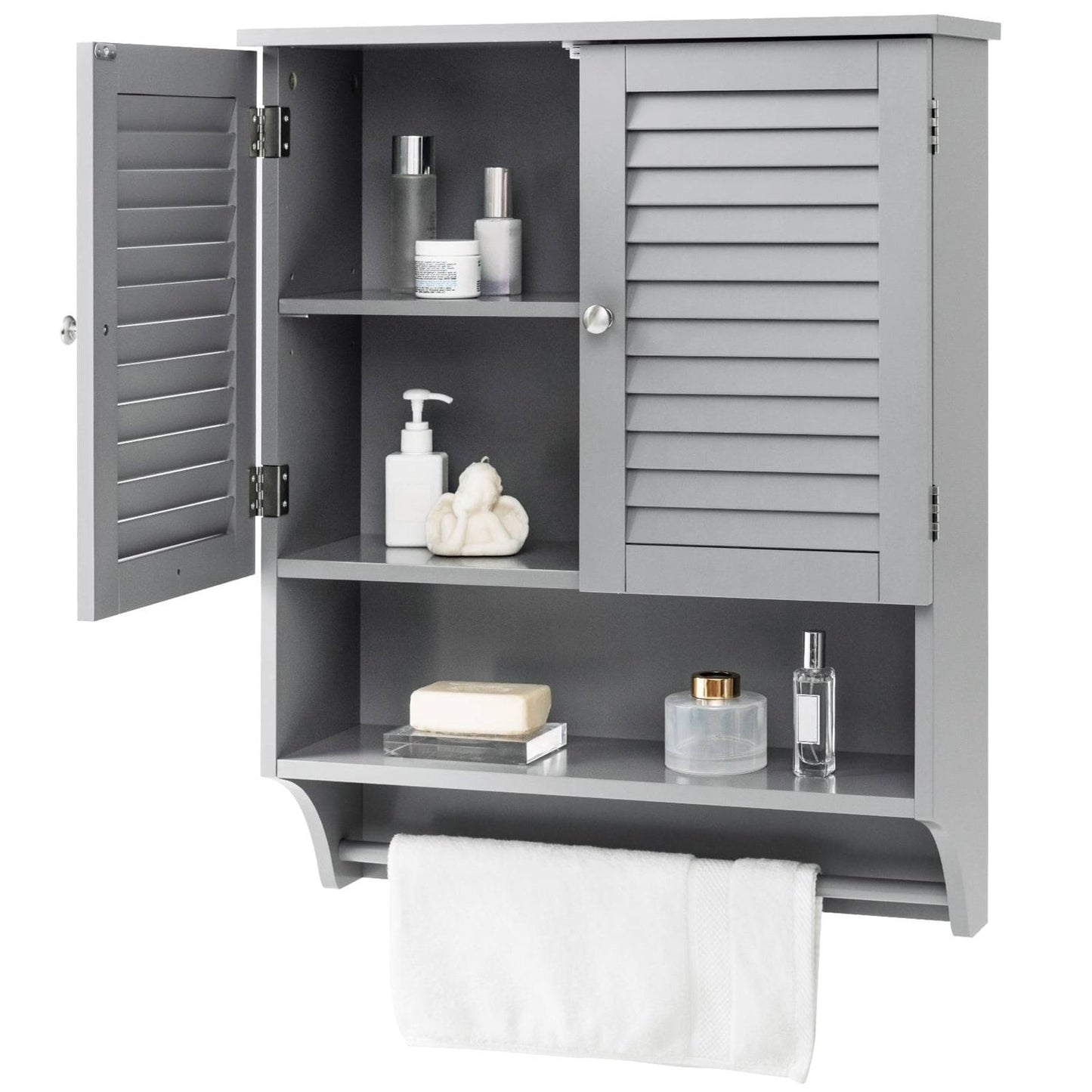 Grey Wall-Mounted Bathroom Medicine Cabinet with Louver Doors and Towel Bar LuxuryLifeWay Online Store
