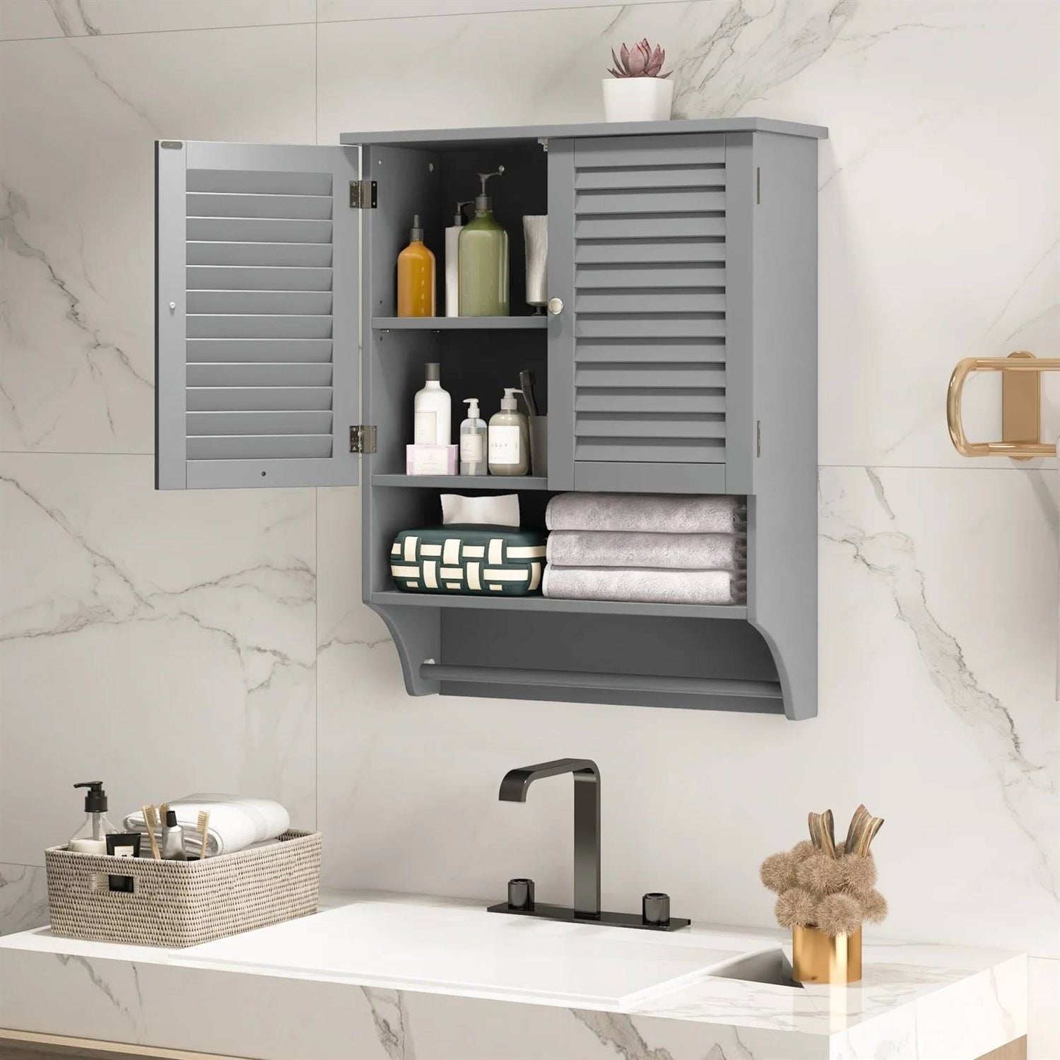 Grey Wall-Mounted Bathroom Medicine Cabinet with Louver Doors and Towel Bar LuxuryLifeWay Online Store