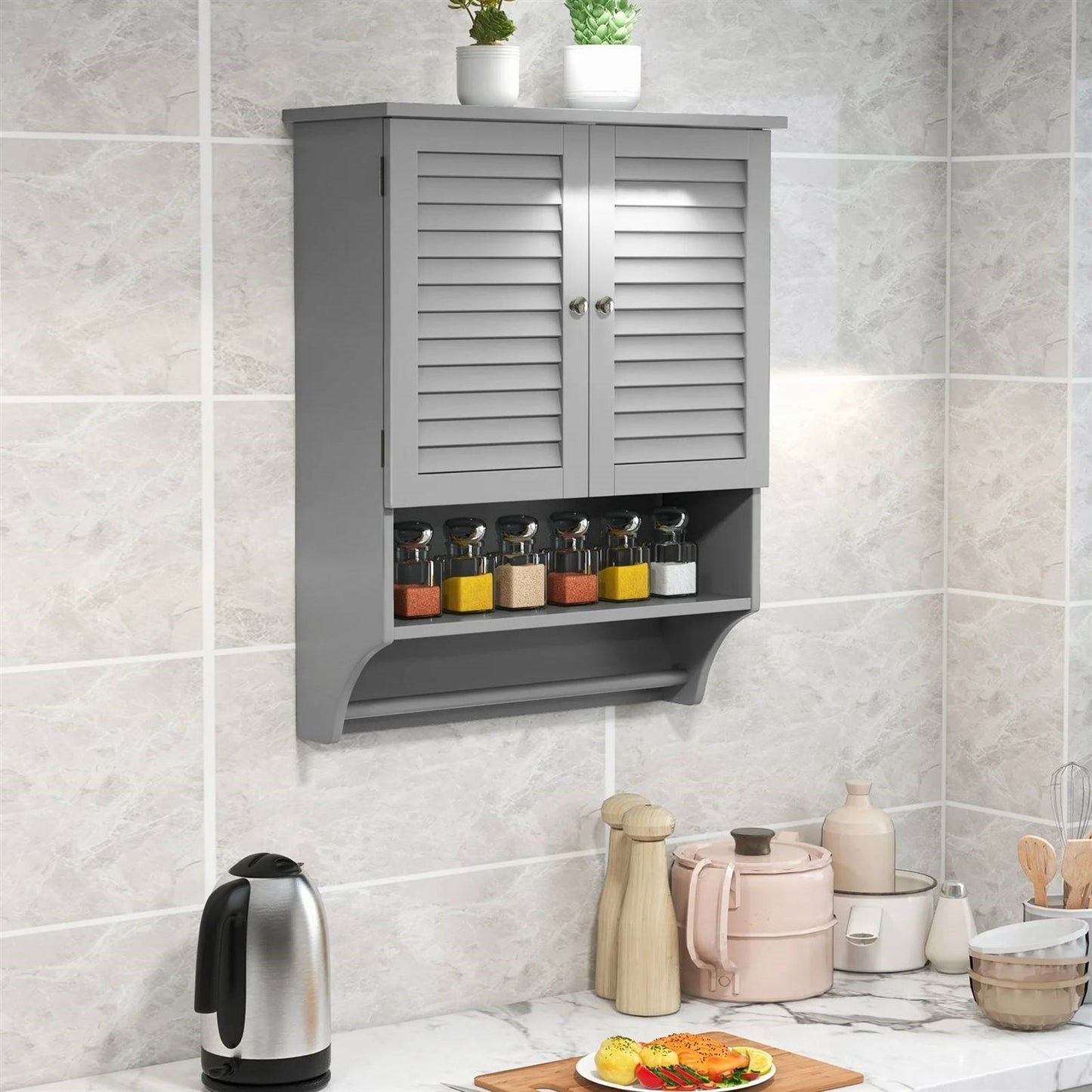 Grey Wall-Mounted Bathroom Medicine Cabinet with Louver Doors and Towel Bar LuxuryLifeWay Online Store