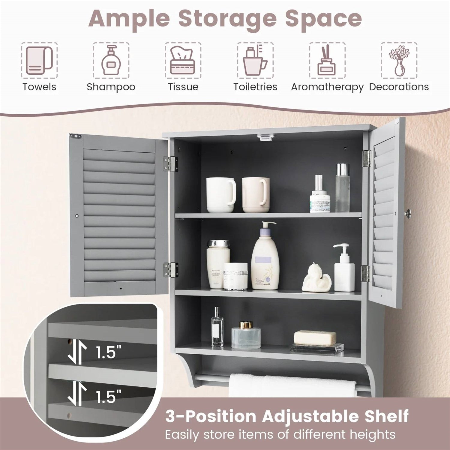 Grey Wall-Mounted Bathroom Medicine Cabinet with Louver Doors and Towel Bar LuxuryLifeWay Online Store