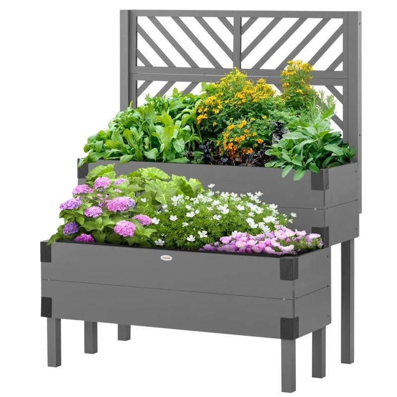 2 Tier Self Draining Grey Wood Raised Garden Bed Planter Box with Trellis LuxuryLifeWay Online Store