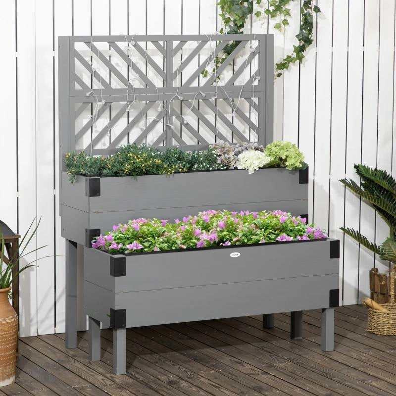 2 Tier Self Draining Grey Wood Raised Garden Bed Planter Box with Trellis LuxuryLifeWay Online Store