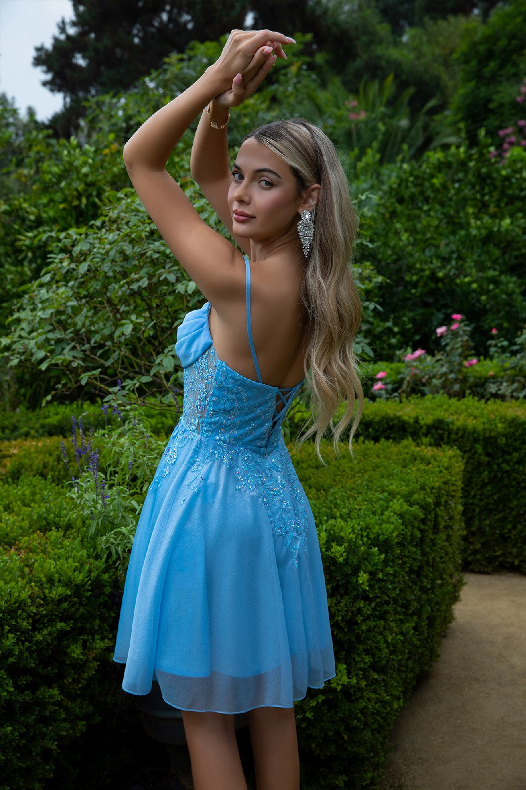 Sheer Bodice Glitter Print Embellished Spaghetti Strap Homecoming Dress LuxuryLifeWay Online Store
