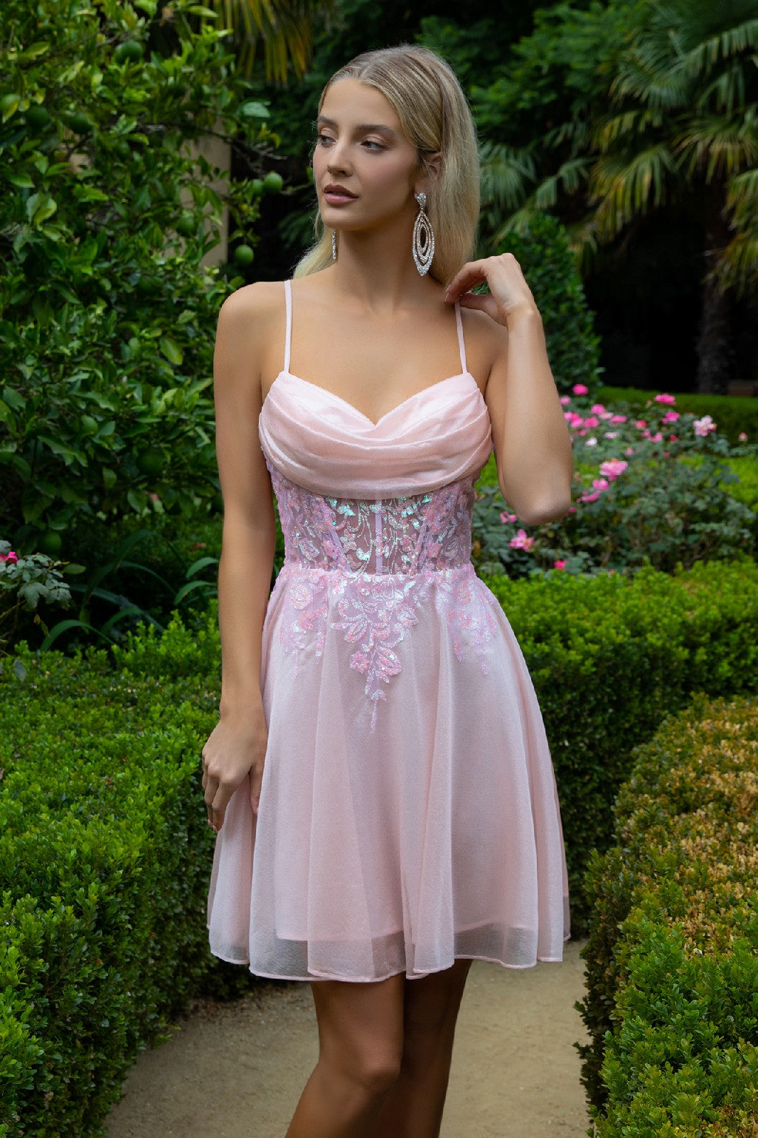 Sheer Bodice Glitter Print Embellished Spaghetti Strap Homecoming Dress LuxuryLifeWay Online Store
