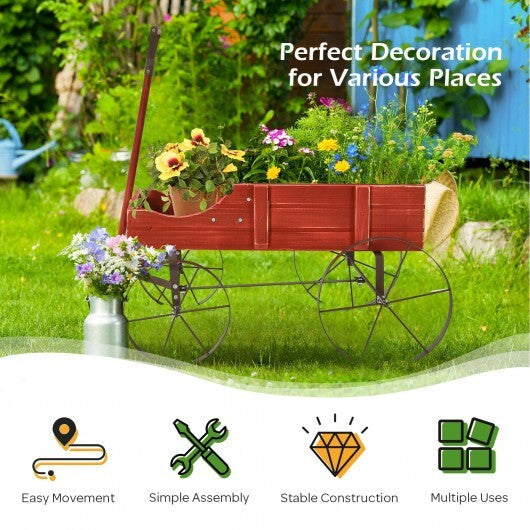 Wooden Wagon Plant Bed With Wheel for Garden Yard-Red - Color: Red LuxuryLifeWay Online Store