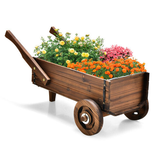 Wooden Wagon Planter Box with Wheels Handles and Drainage Hole-Rustic Brown LuxuryLifeWay Online Store