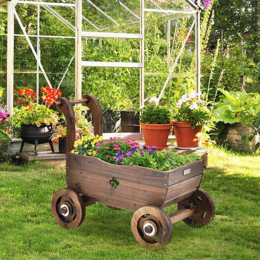 Decorative Wooden Wagon Cart with Handle Wheels and Drainage Hole-Rustic Brown LuxuryLifeWay Online Store