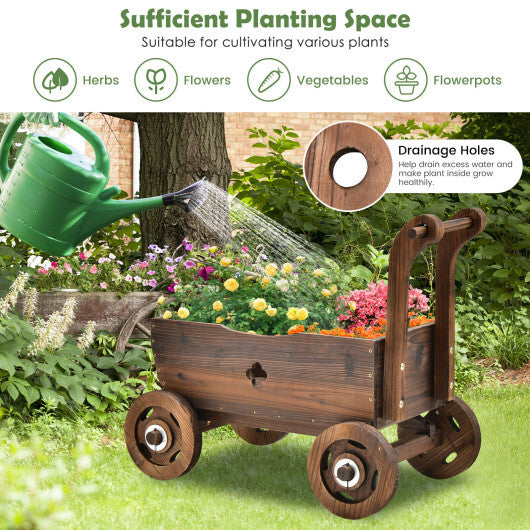 Decorative Wooden Wagon Cart with Handle Wheels and Drainage Hole-Rustic Brown LuxuryLifeWay Online Store