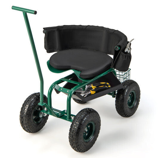 Rolling Garden Cart with Height Adjustable Swivel Seat and Storage Basket-Green LuxuryLifeWay Online Store