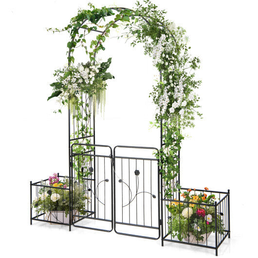 87 Inches Garden Arbor with Lockable Gate Side Planters-Black LuxuryLifeWay Online Store