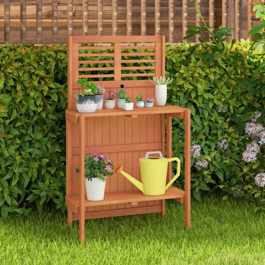 Folding Garden Potting Bench with 2-tier Storage Shelves and Teak Oil Finish for Garden Yard Balcony LuxuryLifeWay Online Store