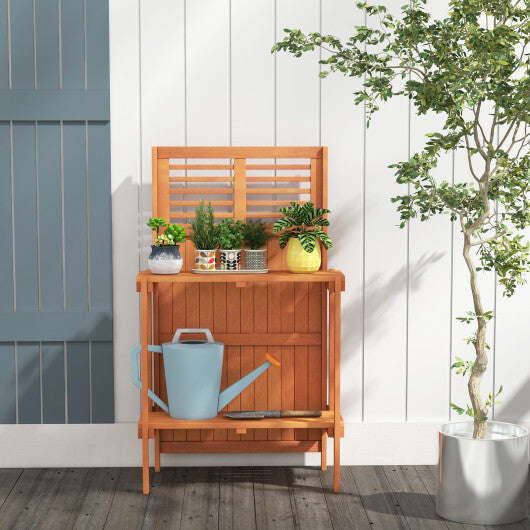 Folding Garden Potting Bench with 2-tier Storage Shelves and Teak Oil Finish for Garden Yard Balcony LuxuryLifeWay Online Store