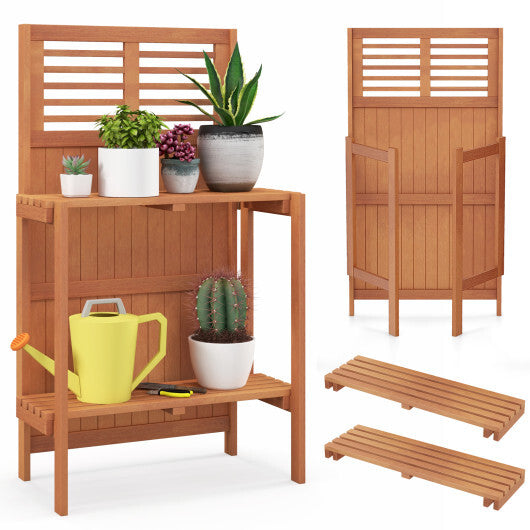 Folding Garden Potting Bench with 2-tier Storage Shelves and Teak Oil Finish for Garden Yard Balcony LuxuryLifeWay Online Store