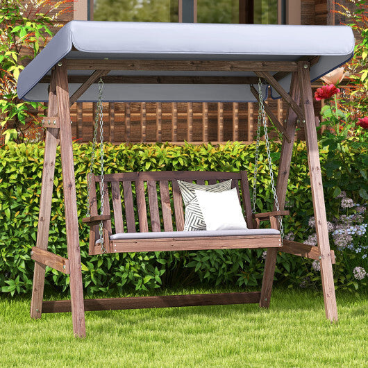 2-Person Porch Swing with Fir Wood Stand and Tilt Canopy-Brown LuxuryLifeWay Online Store