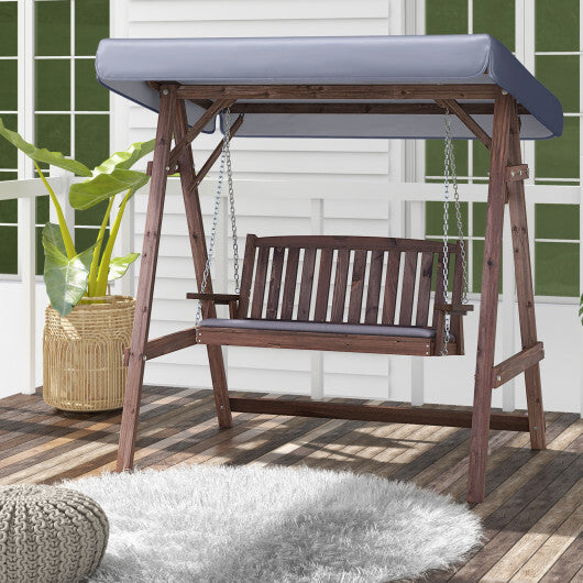2-Person Porch Swing with Fir Wood Stand and Tilt Canopy-Brown LuxuryLifeWay Online Store