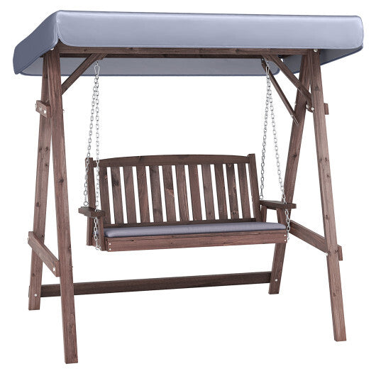 2-Person Porch Swing with Fir Wood Stand and Tilt Canopy-Brown LuxuryLifeWay Online Store