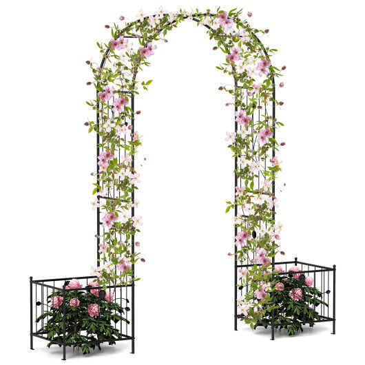 2 in 1 Garden Arbor with 2 Side Planters and 8 Ground Stakes-Black