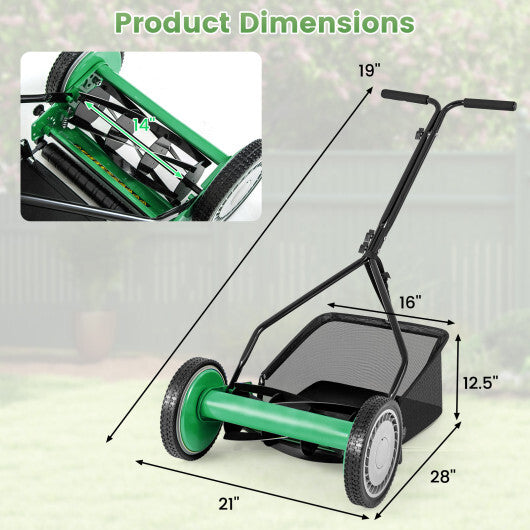 14 Inch Push Lawn Mower with 5 Steel Blades and Grass Catcher Bag-Green LuxuryLifeWay Online Store