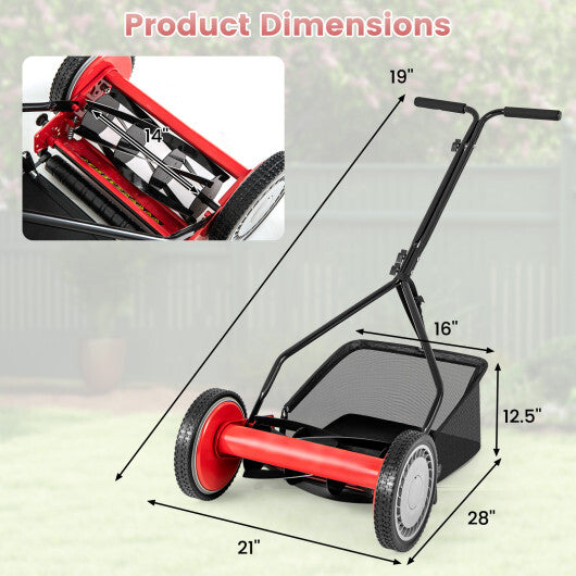 14 Inch Push Lawn Mower with 5 Steel Blades and Grass Catcher Bag-Green LuxuryLifeWay Online Store