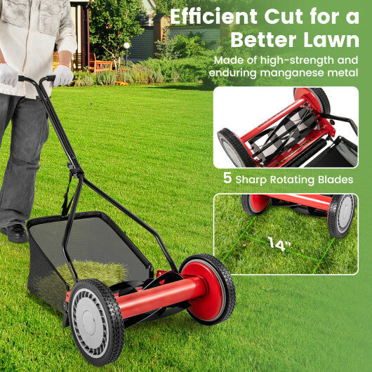 14 Inch Push Lawn Mower with 5 Steel Blades and Grass Catcher Bag-Green LuxuryLifeWay Online Store