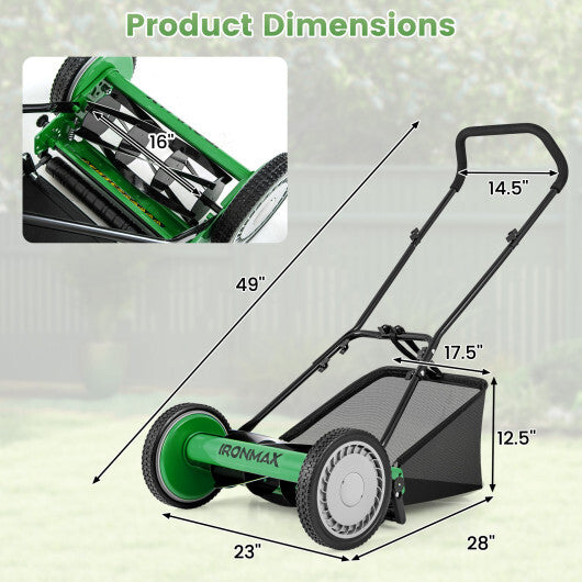 16 Inch Push Lawn Mower with 5 Steel Blades and Grass Catcher Bag-Green LuxuryLifeWay Online Store