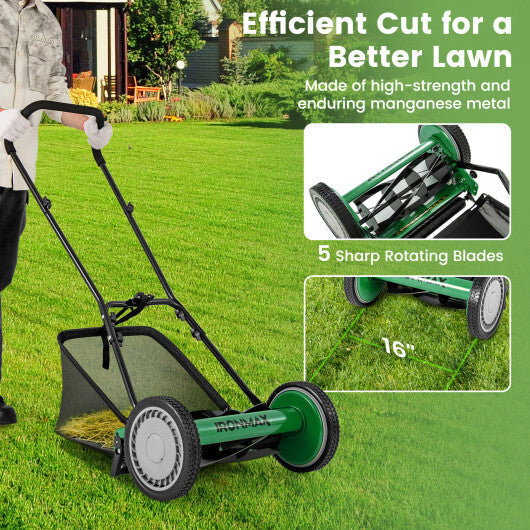 16 Inch Push Lawn Mower with 5 Steel Blades and Grass Catcher Bag-Green LuxuryLifeWay Online Store
