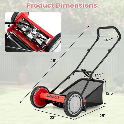 16 Inch Push Lawn Mower with 5 Steel Blades and Grass Catcher Bag-Green LuxuryLifeWay Online Store