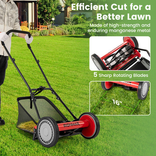 16 Inch Push Lawn Mower with 5 Steel Blades and Grass Catcher Bag-Green LuxuryLifeWay Online Store