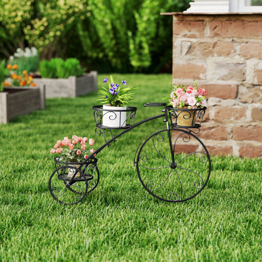 Tricycle Plant Stand Flower Pot Cart Holder with 3 Hollowed Baskets-Black LuxuryLifeWay Online Store