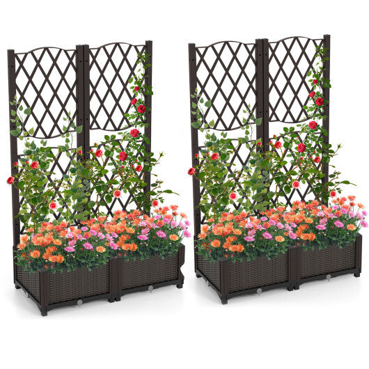 Set of 2 PE Rattan Raised Garden Bed with Trellis Planter Box for Climbing Plants-Rustic Brown LuxuryLifeWay Online Store