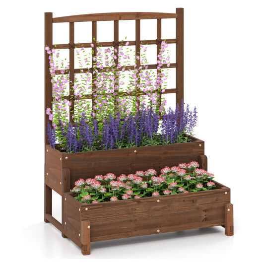 Raised Garden Bed with Trellis 2-tier Wood Planter Box with Drainage Holes-Rustic Brown LuxuryLifeWay Online Store