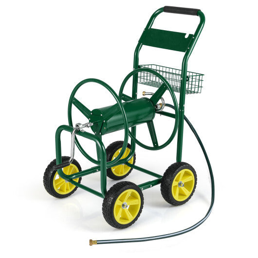 Garden Hose Reel Cart Metal Hose Cart with 4 Wheels and Storage Basket-Green LuxuryLifeWay Online Store