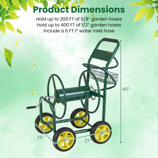 Garden Hose Reel Cart Metal Hose Cart with 4 Wheels and Storage Basket-Green LuxuryLifeWay Online Store